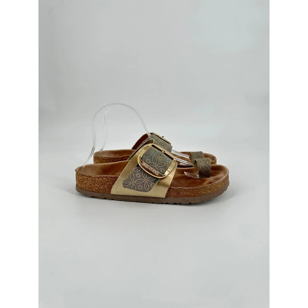 Birkenstock Miramar Hex Blue Big Buckle Sandals Gold Geometric Women's 38 RARE